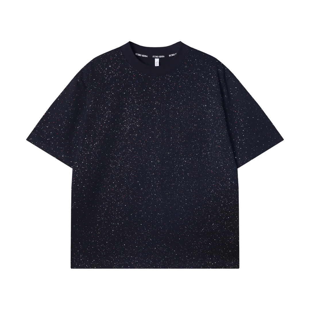 夏季高级感新款美式彩色烫钻满天星圆领短袖T恤宽松情侣潮流上衣