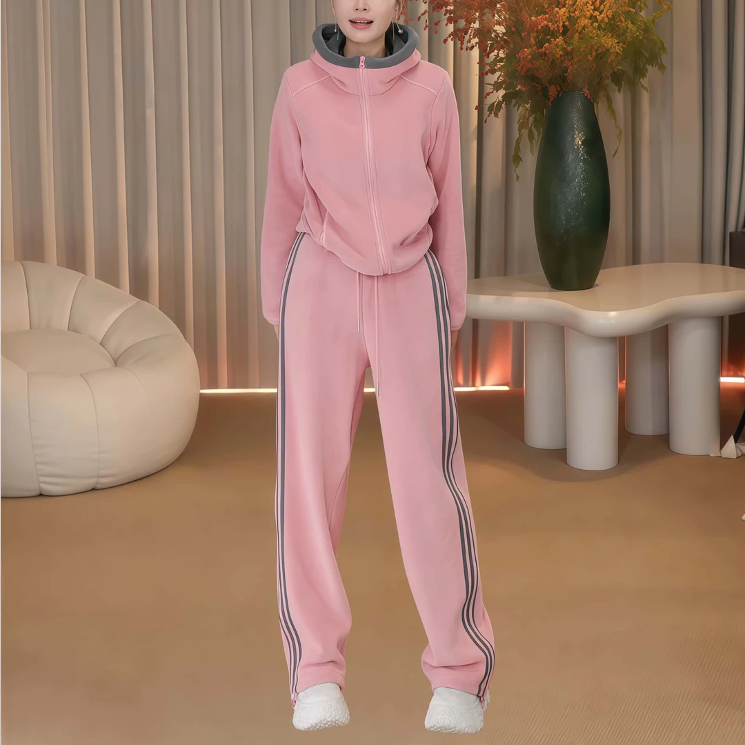 时尚设计感撞色连帽摇粒绒长袖卫衣2025冬季新款显瘦外套保暖套装