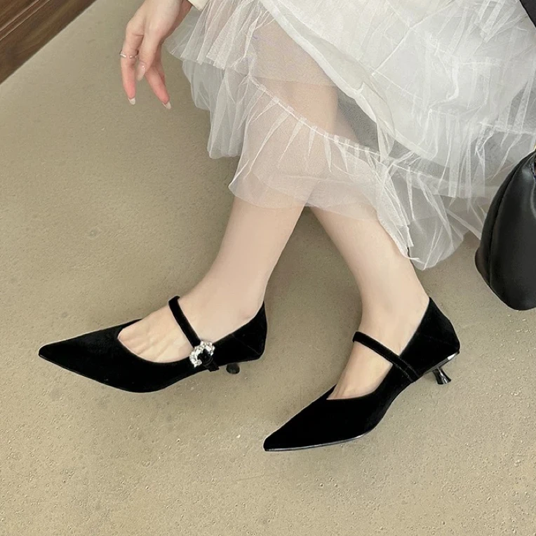 法式金丝绒浅口一字带水钻猫跟高跟鞋女软底通勤单鞋2025秋季新款