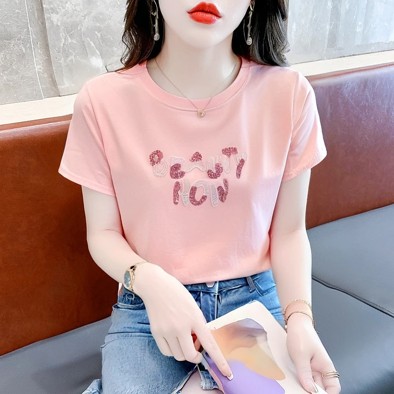 设计感亮片字母刺绣短袖t恤女夏季宽松半袖2025新款棉质体恤上衣