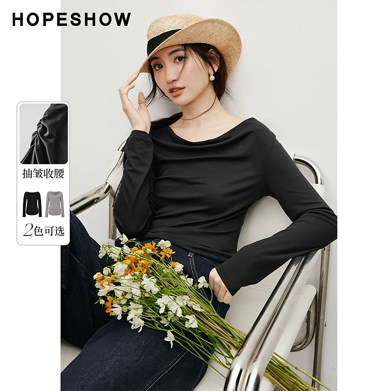 红袖2025春季秋冬新款女装抽皱X收腰打底衫套头短上衣90225060208