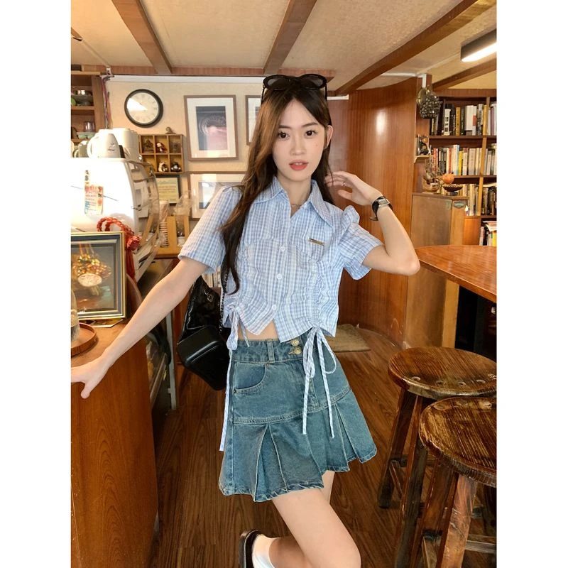 格子抽绳短袖衬衫女夏季2025新款甜美设计感短款心机小众别致上衣