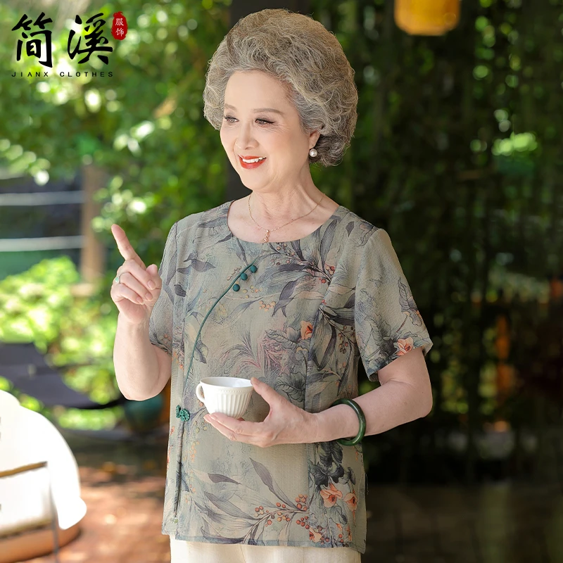 简溪老年人夏装女奶奶短袖T恤国风上衣中老年妈妈夏季老太太衣服
