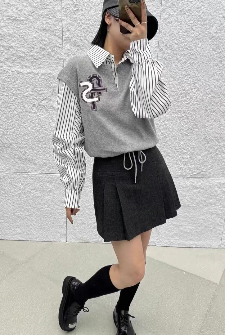 MBB18191欧洲站早秋时尚轻奢条纹拼接通勤风女针织显瘦毛衣上衣