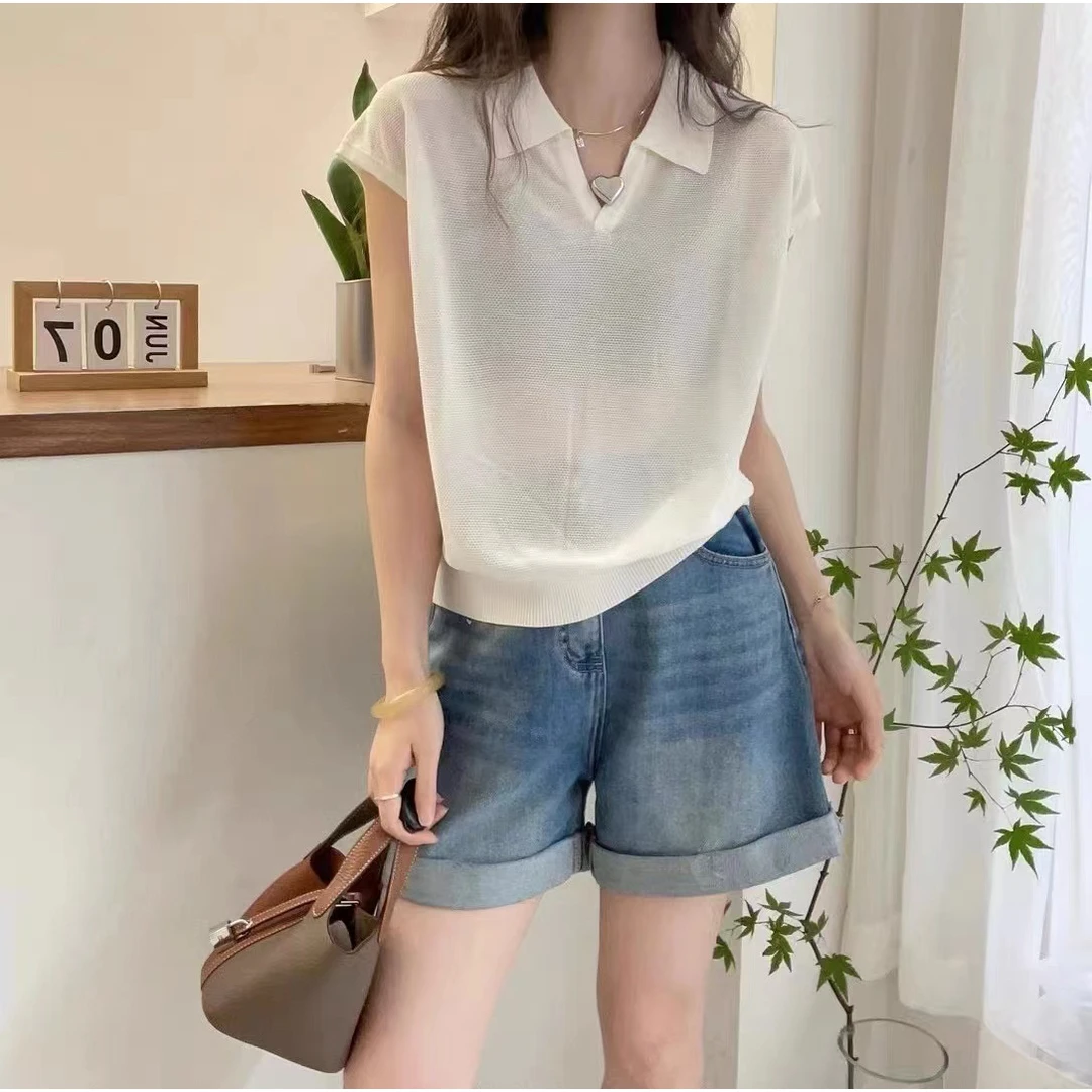 /星球-白色青/夏季新款韩版学院风胸口刺绣剪刀领薄款针织衫93279