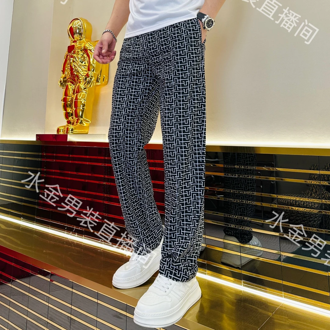 男装男士夏季高街潮流色织提花弹力丝滑透气舒适休闲直筒裤 516