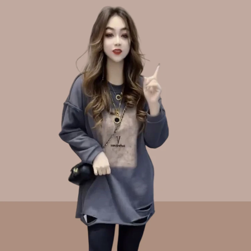 时尚洋气百搭T恤2025年春秋季新款中长款上衣休闲大码潮流女装潮