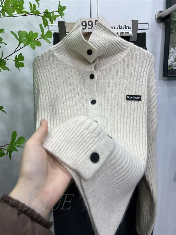 新款加厚毛衣秋冬季毛针织衫高领常规针织女厚款开衫时尚翻领