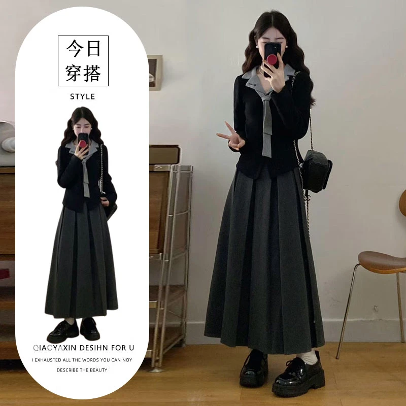 大码胖mm韩系假两件翻领刺绣遮肉上衣+高腰遮肉百褶a字半身裙套装