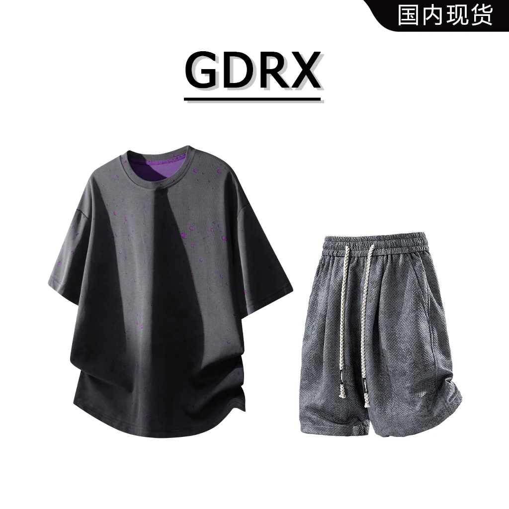 GDRX美式破洞男士短袖套装夏季薄款提花小众短裤两件套高级感男装
