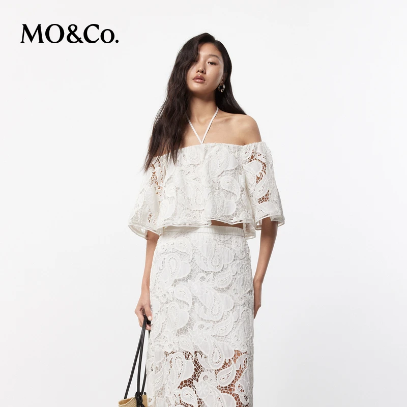 MOCO夏重工镂空绣花挂脖一字肩短款荷叶边上衣MBD2TOP042