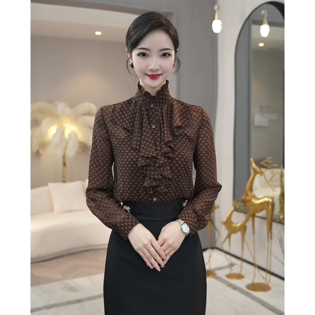 唐熹2025年春秋季新款【6946】轻奢小众高级感女装咖色长袖衬衫上衣