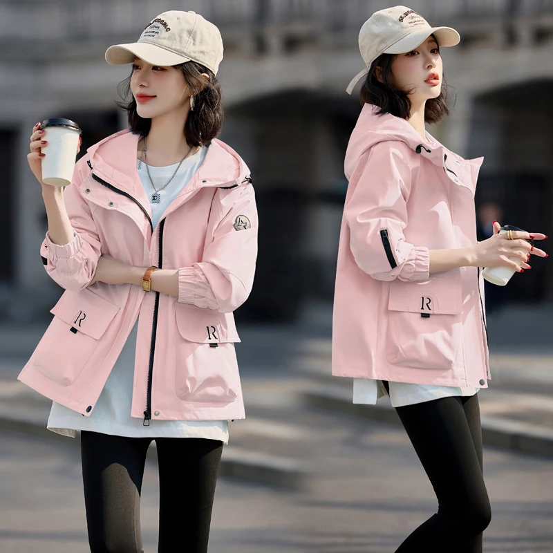 粉色风衣外套女春秋款2025年新款爆款时尚宽松显瘦小个子连帽上衣