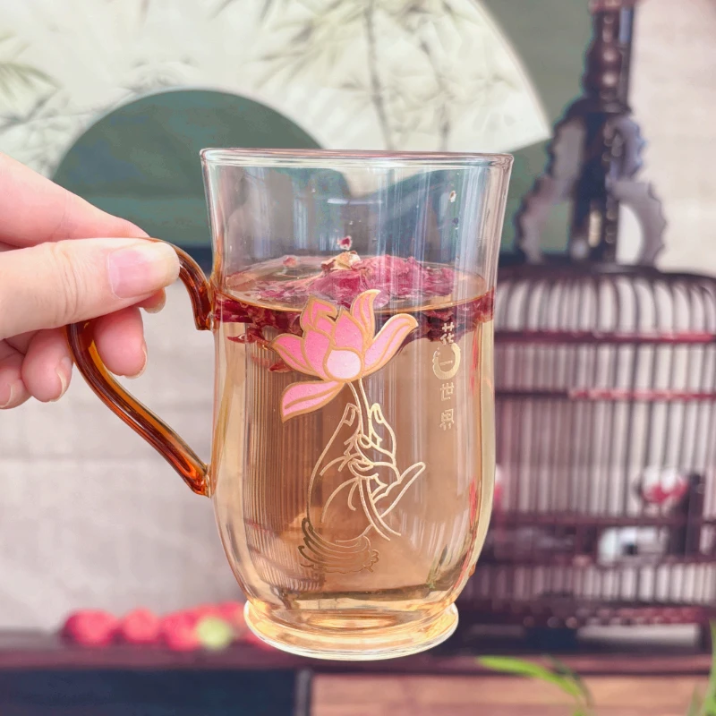 【禅意绿茶杯】防爆加厚玻璃杯温感变色带把手家用无铅花茶泡茶杯子