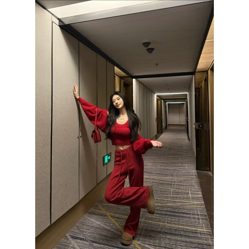 韩系设计感纯欲背心长袖披肩秋冬新款高腰抽绳休闲长裤针织套装