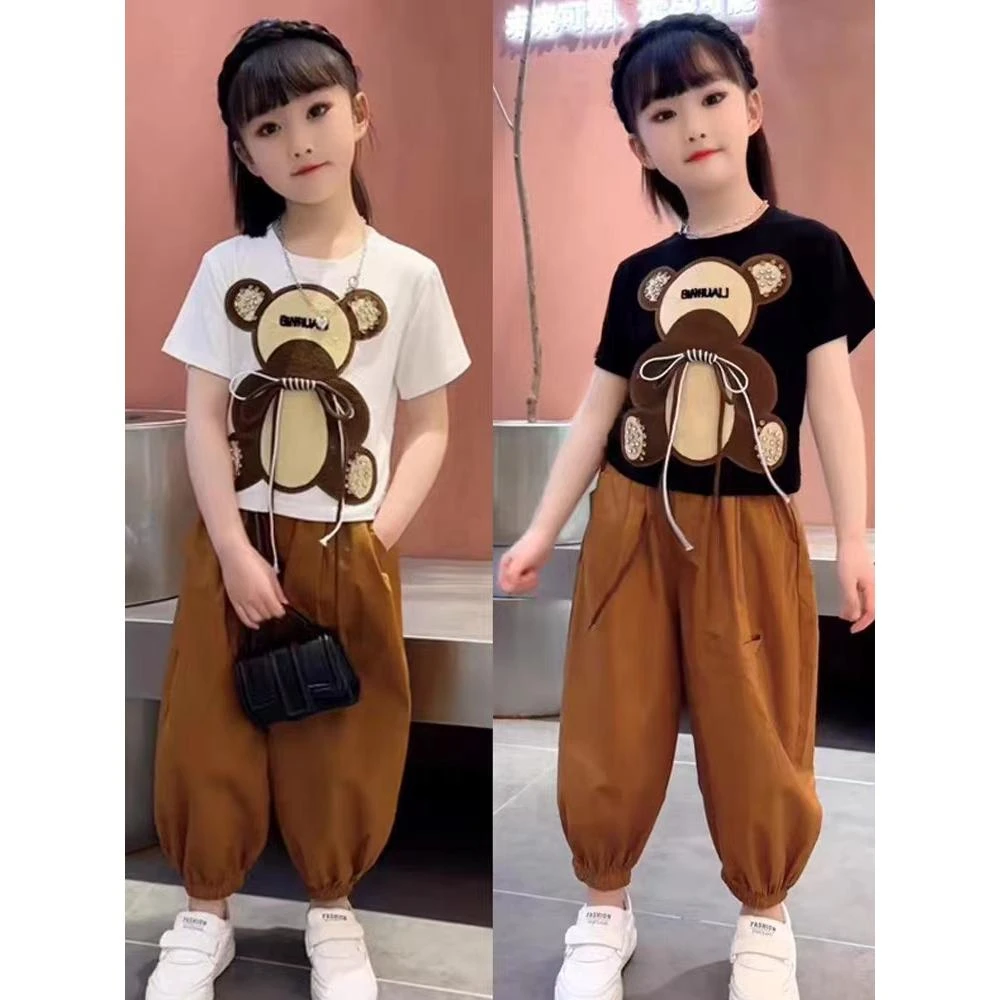 【原版质量】女童夏装套装洋气卡通小熊韩版时髦大童宽松阔腿裤套