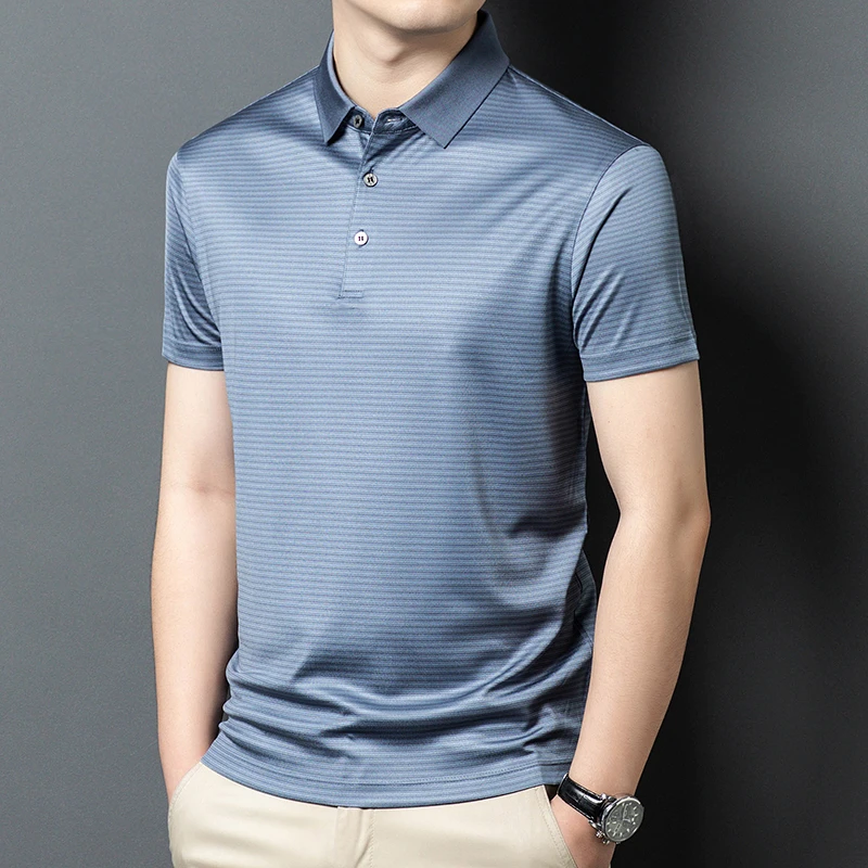 【桑蚕丝】高端桑蚕丝男士短袖T恤夏季新款男士条纹POLO衫253