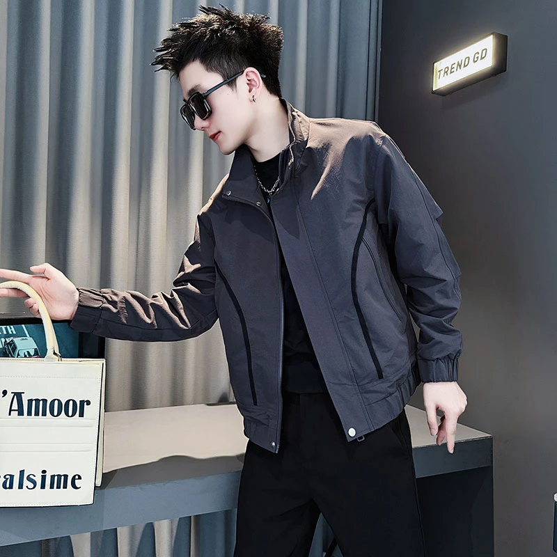 高级感明线装饰夹克男款春秋季潮牌痞帅立领外套2025新款休闲上衣