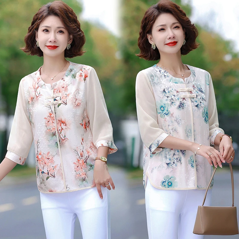 妈妈装夏季两件套装新中式国风印花T恤女新款七分袖小衫女士2508