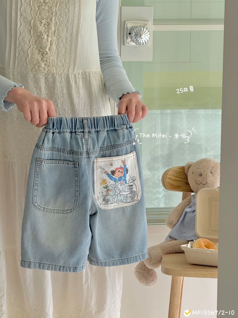 米菲 2025夏季新款口袋卡通人物软牛仔中裤七分裤