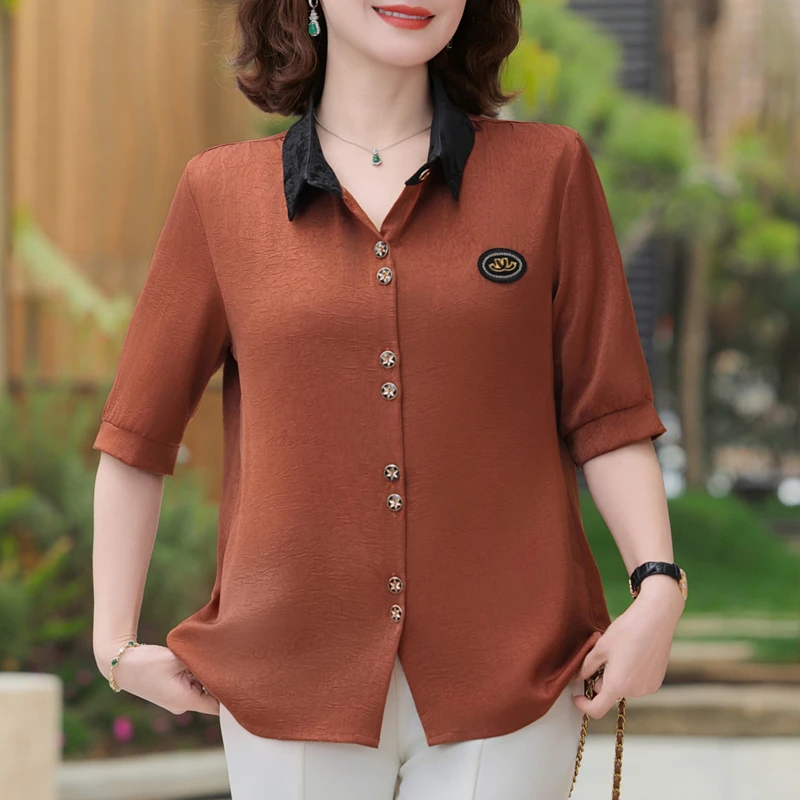 时尚妈妈夏季新款翻领短袖衬衫中老年女夏装洋气开衫宽松减龄上衣