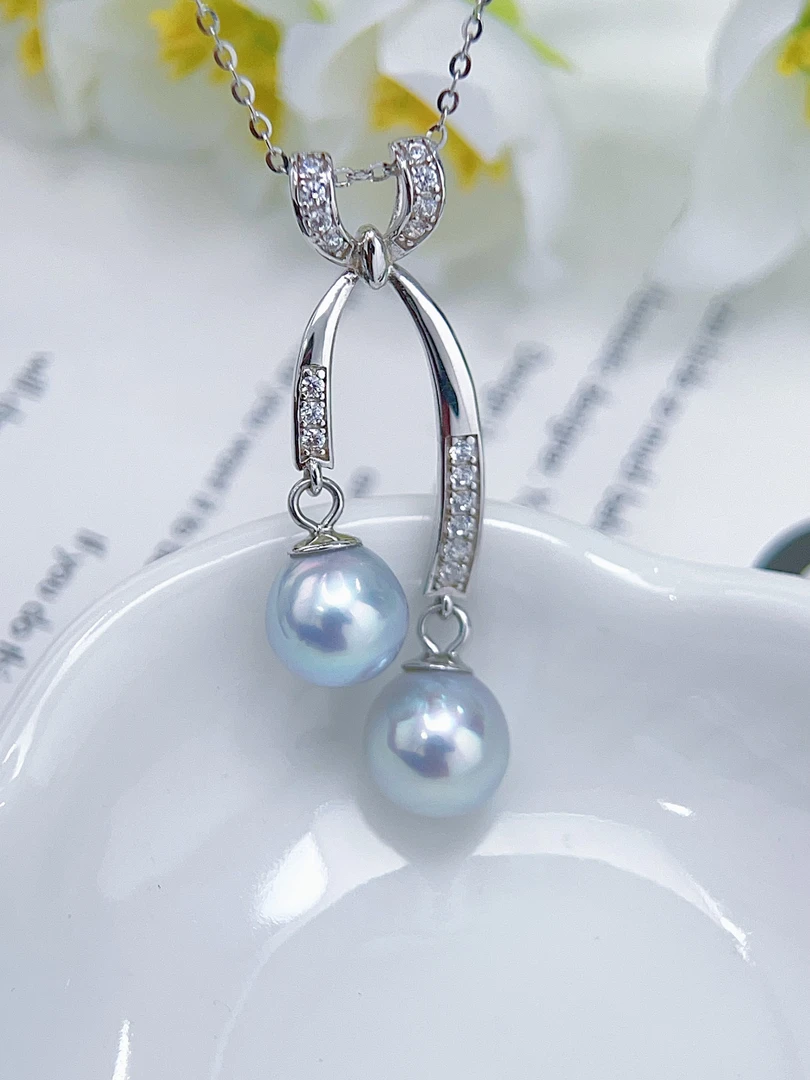 真多麻天然海水珍珠蝴蝶结双珠套链 7-8+MM S925银