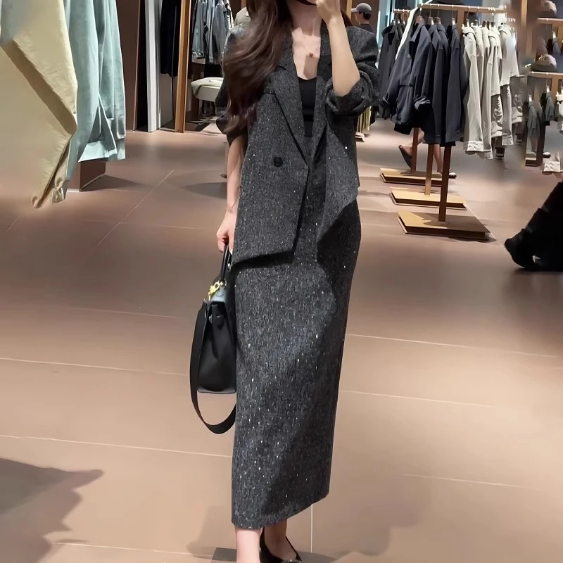 秋季换新6052韩版新款高级感外套女搭高腰显瘦开叉半身裙两件套