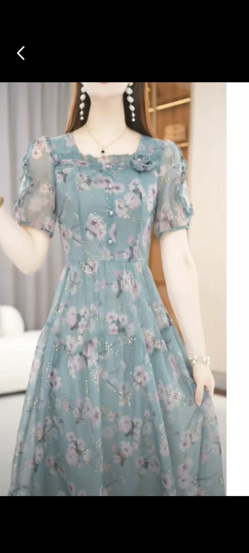 A0522夏季减龄方领气质收腰显瘦中长款印花连衣裙