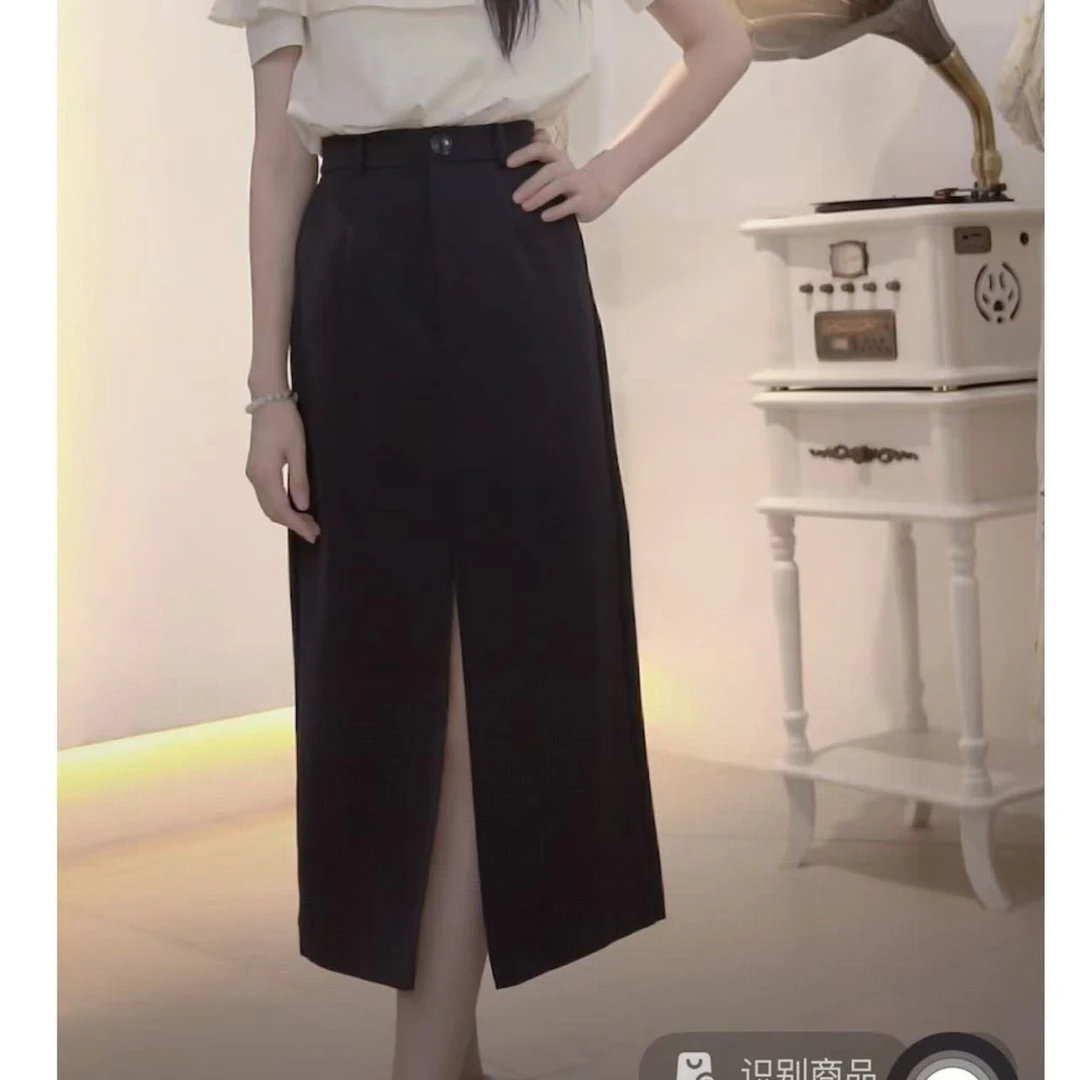 朵以2025新款通勤气质开叉直筒高腰长款半身裙腰带39DQ608006