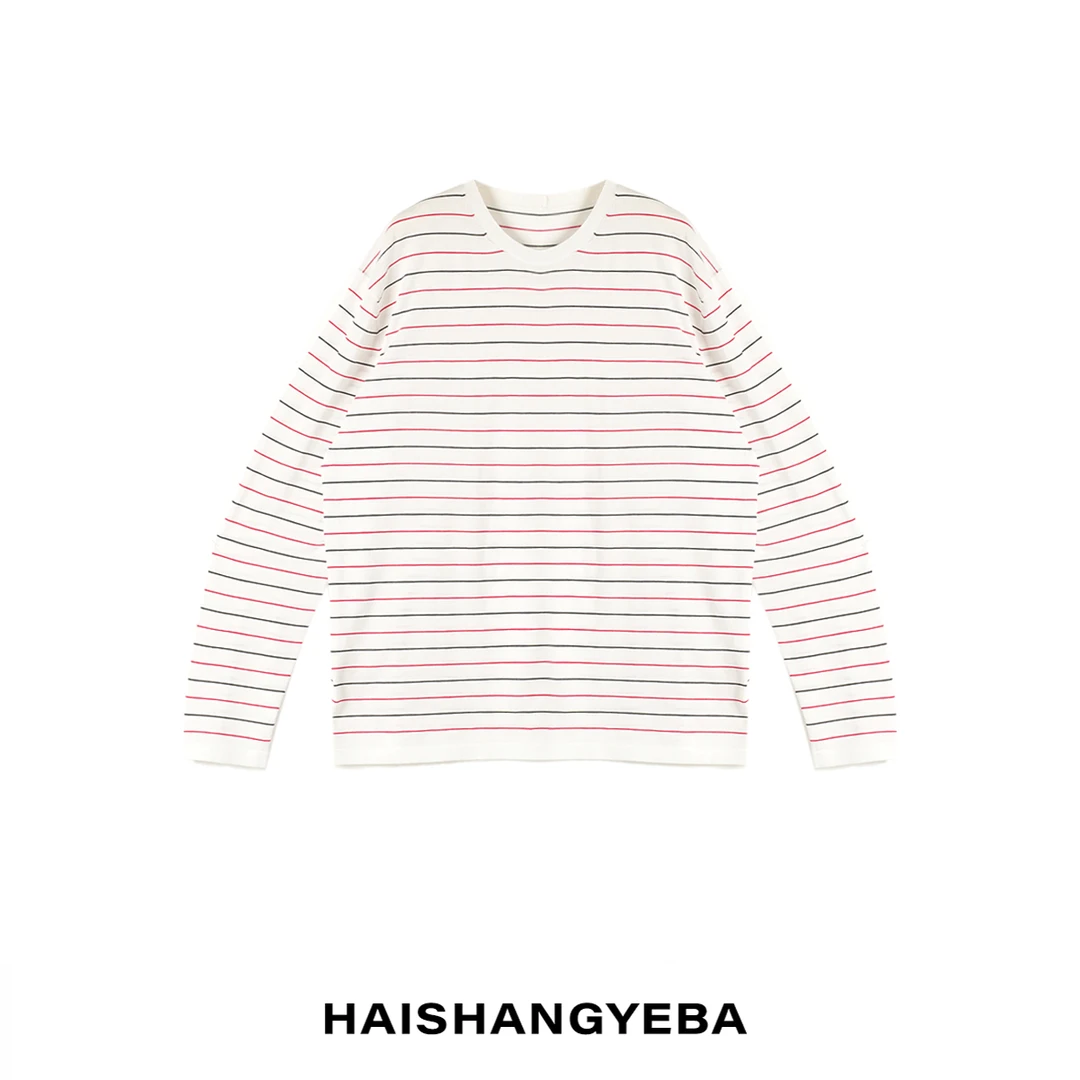 【海上叶爸】新款2025夏季百搭醋酸圆领宽松休闲条纹长袖T恤