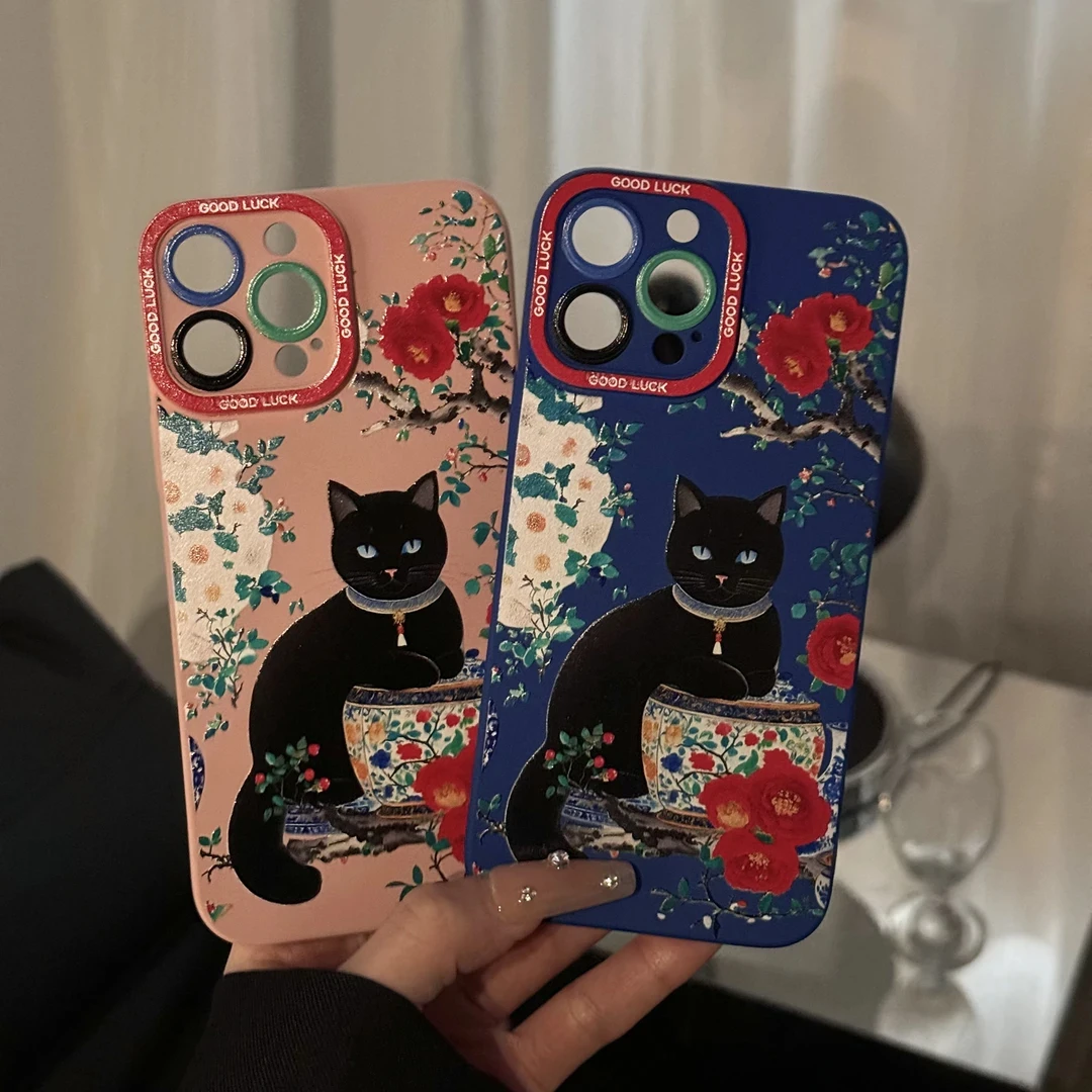水墨花朵猫咪适用iPhone16苹果15华为小米手机壳oppo高级vivo瞳影