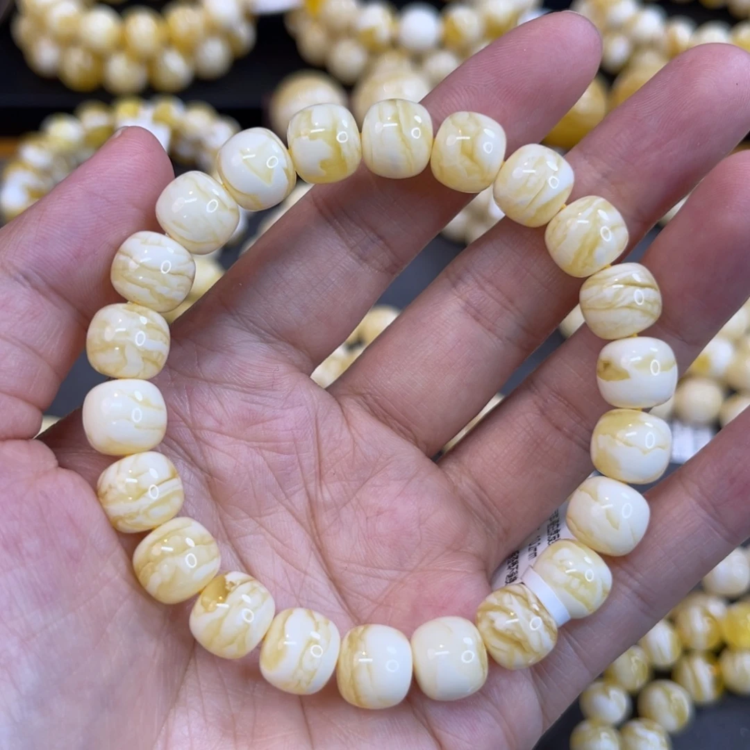 蜜蜡未镶嵌手链同料10.2mm瓷白虎皮妖花