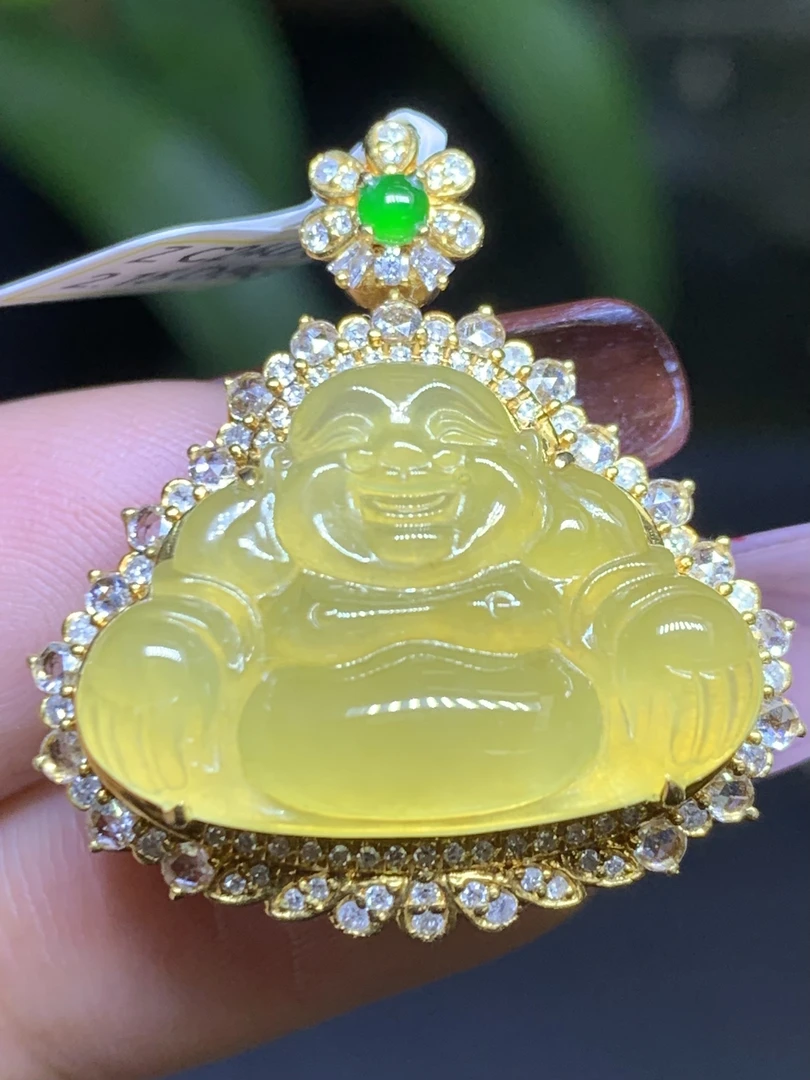 冰黄翡佛公吊坠天然翡翠A货裸石：15*21*5mmDBG2.15气质时尚镶嵌