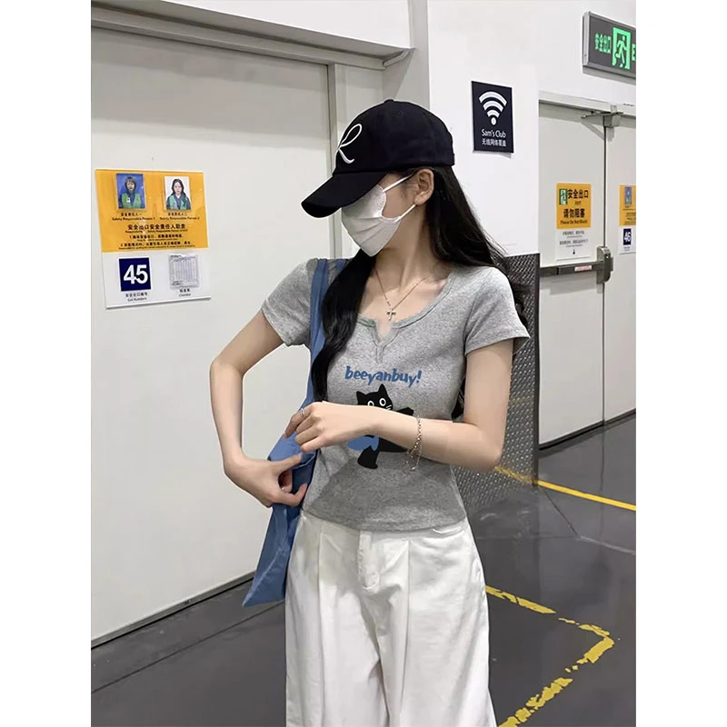 小V领正肩短袖t恤女2025新款时尚收腰修身显瘦灰色小众上衣夏季