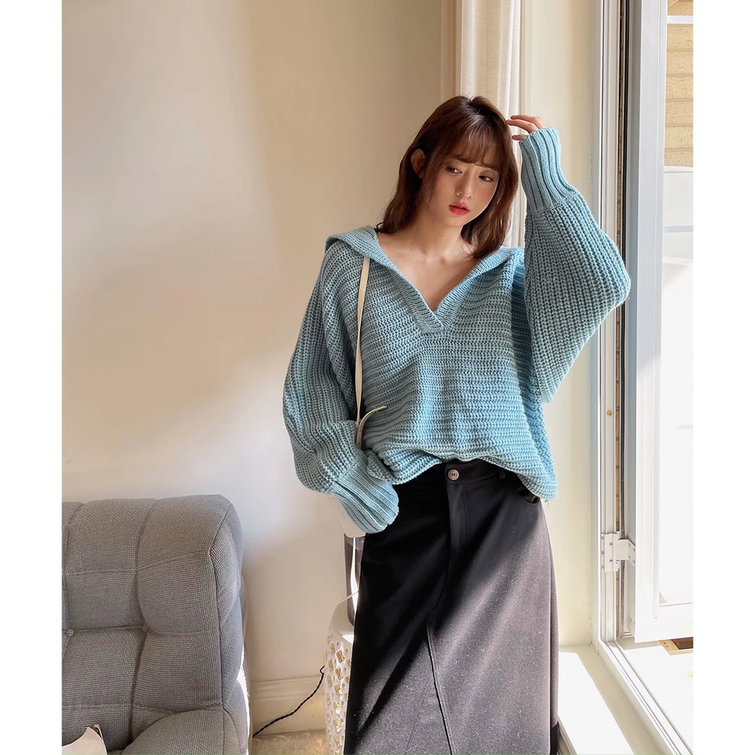 晶咕白标~韩韩欧尼~慵懒风海军翻领宽松针织衫毛衣休闲气质上衣女