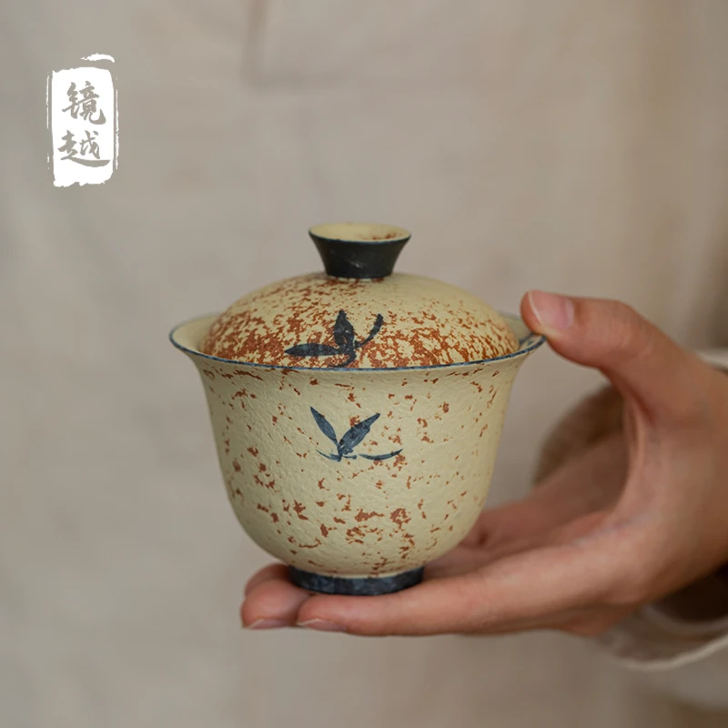 手绘青花火石红兰花盖碗家用大号单个高档古风带盖陶瓷泡茶碗