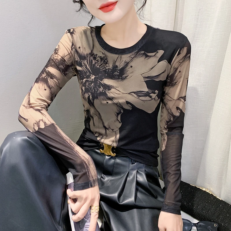 新款长袖9811薄款春秋打底衫显瘦时尚百搭修身印花圆领潮流网红