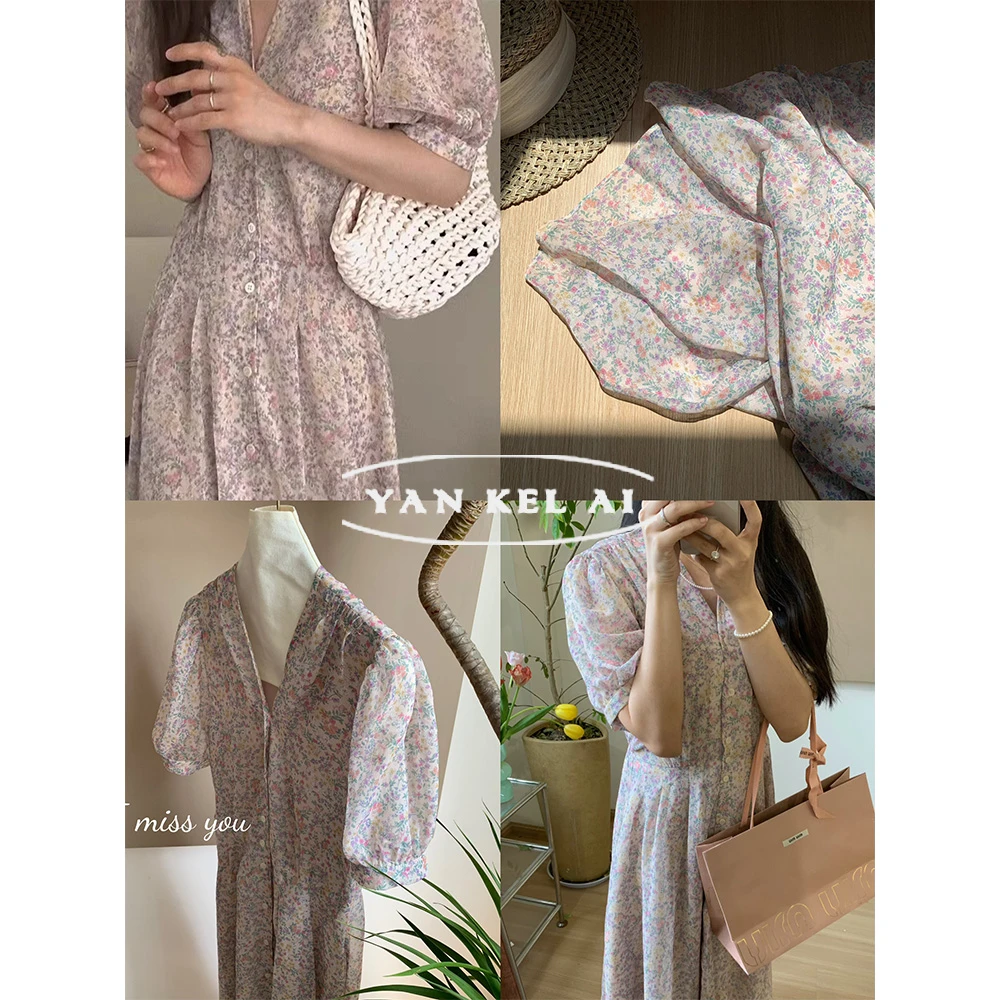 严可莱温柔收腰碎花连衣裙