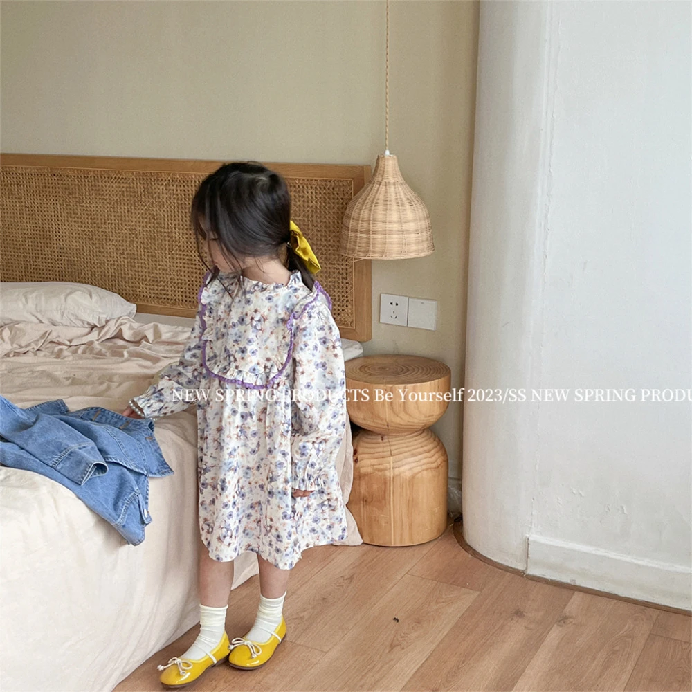 【西小柚】25儿童连衣裙秋季新款韩版女童碎花裙女宝宝飞袖公主裙子