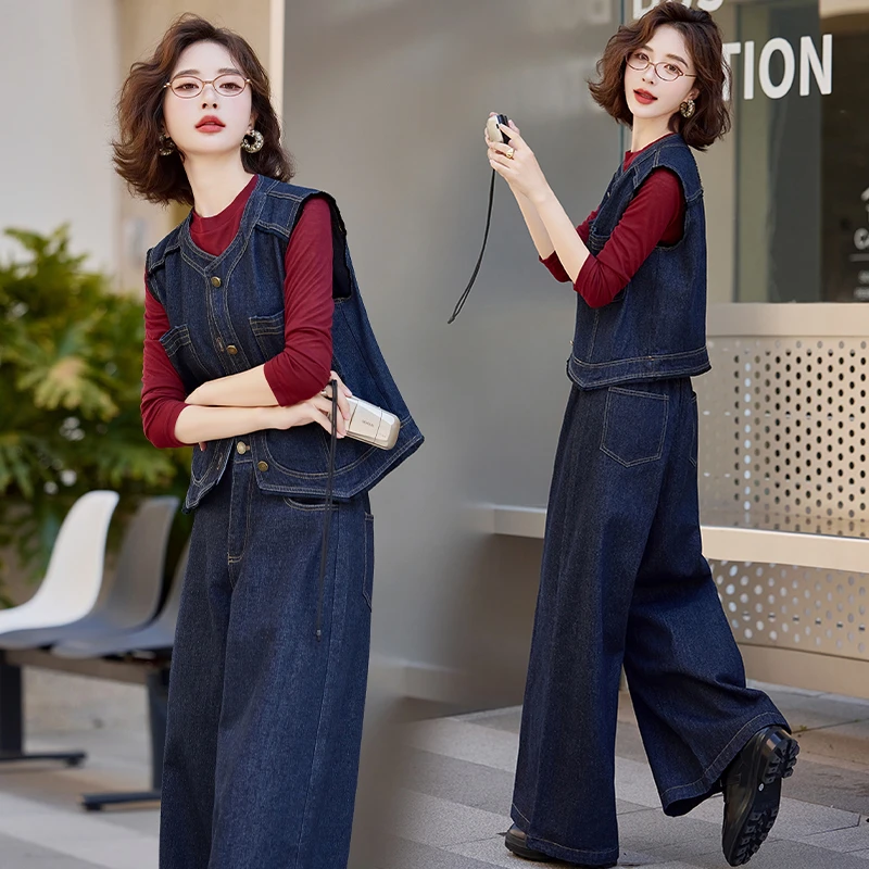 2025春季新款复古时尚减龄宽松马甲阔腿裤三件套富家千金过年套装