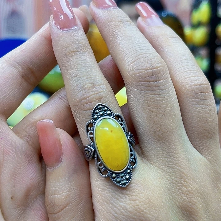 琥珀银S925镶嵌颈饰戒指