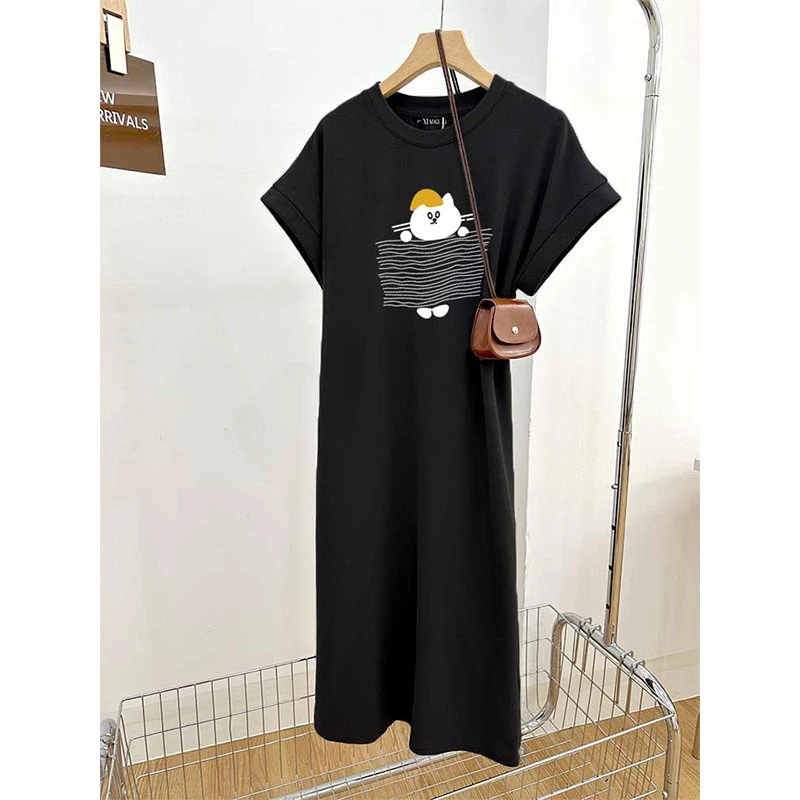 圆领t恤裙女韩版时尚宽松休闲减龄洋气飞飞袖连衣裙长裙2025夏季