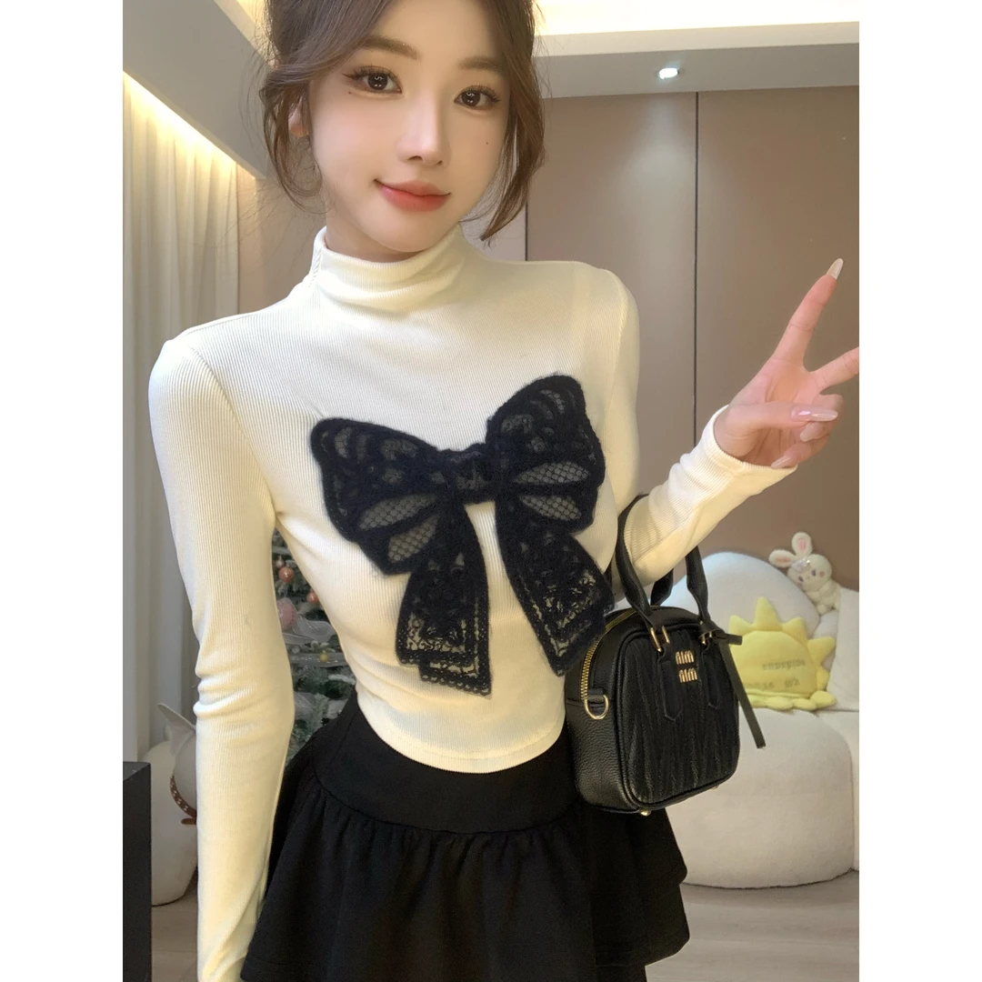 Ke可可少女 蝴蝶元素少女感秋冬厚款半高领修身设计感打底上衣