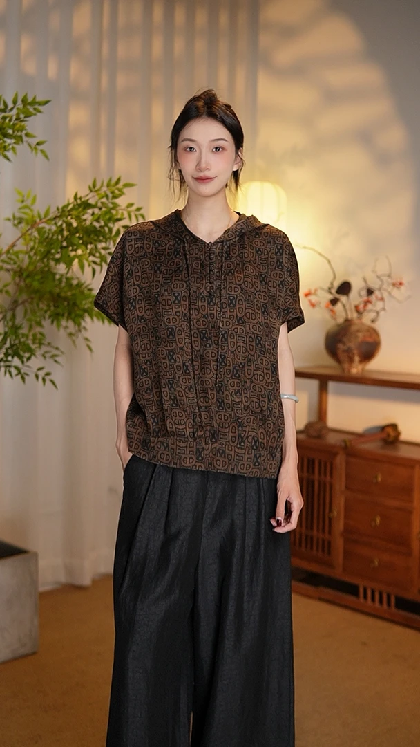 【墨禅】100%桑蚕丝香云纱设计师款休闲夏季连帽短袖上衣