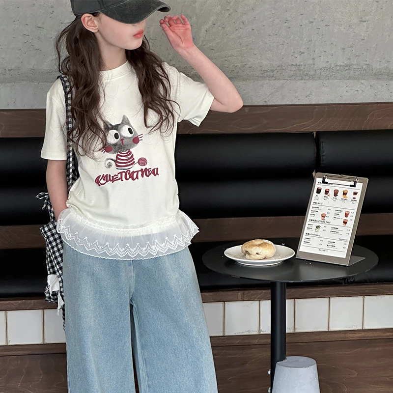 女童夏季套装2025新款6-12岁15时尚蕾丝短袖薄款牛仔裤洋气两件套