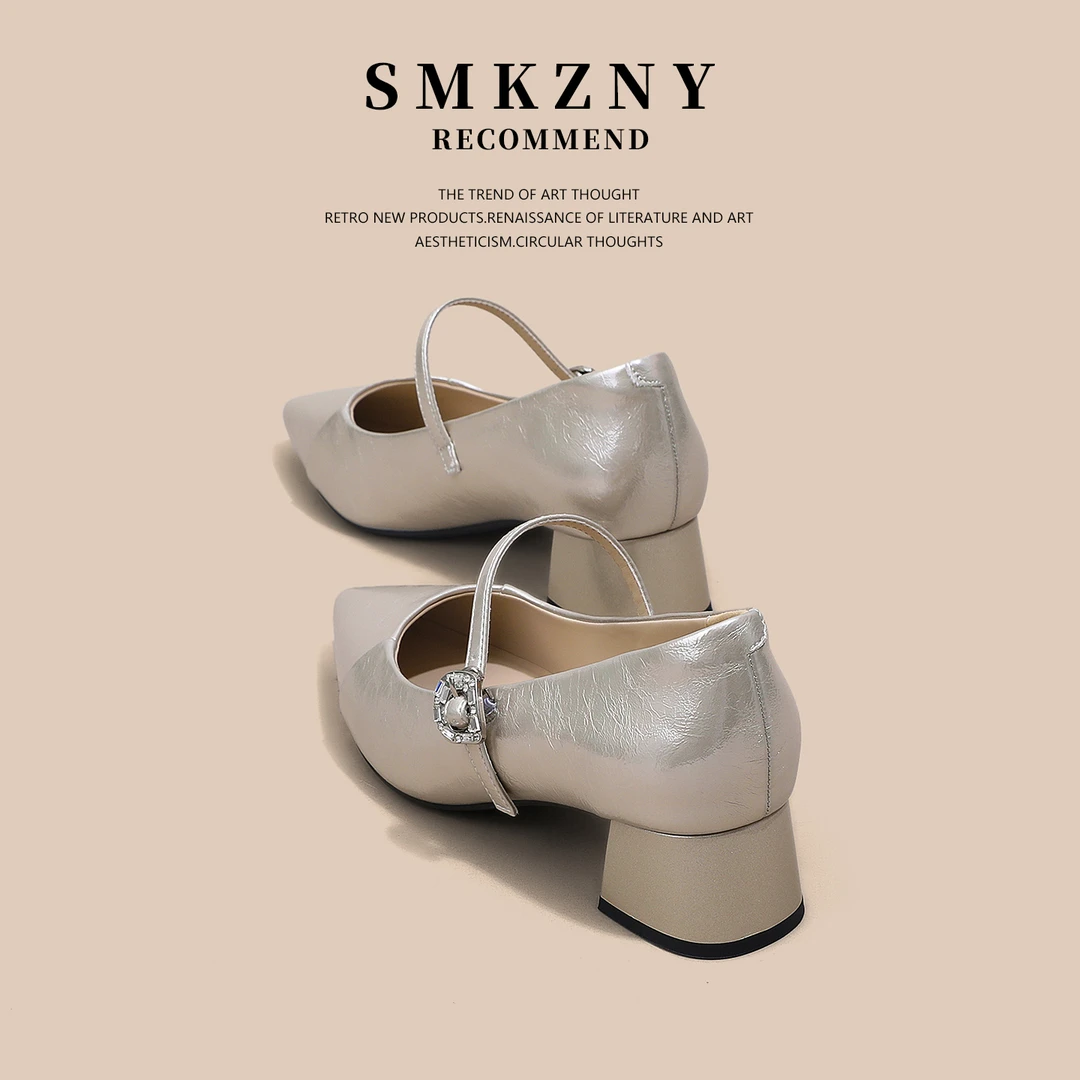 粗跟单鞋女款2025新款夏季百搭时尚尖头一字扣高跟玛丽珍鞋-78-25