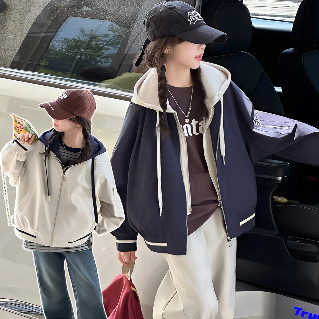 女孩纯色夹克外套女孩2025秋季新款假两件上衣中大童百搭休闲外套