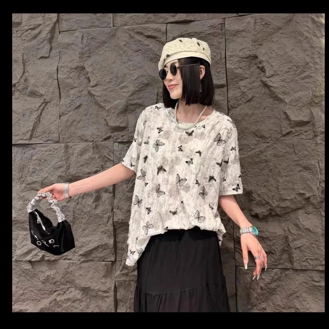 大码mm宽松显瘦扎染中长款女装夏季短袖T恤百搭上衣天内发货