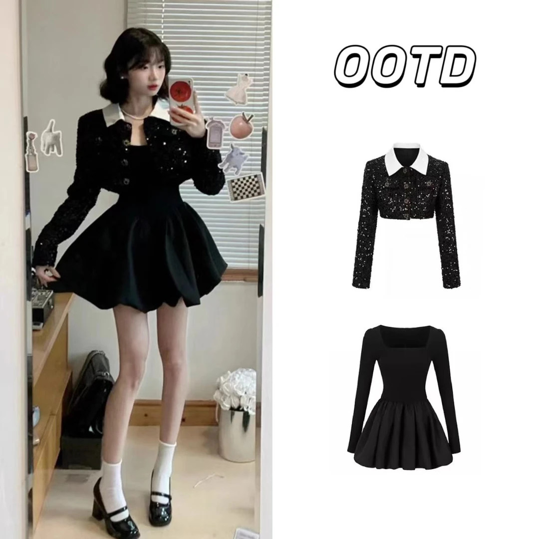 法式富家千金小香风连衣裙女秋冬赫本风气质高级感小黑裙两件套装