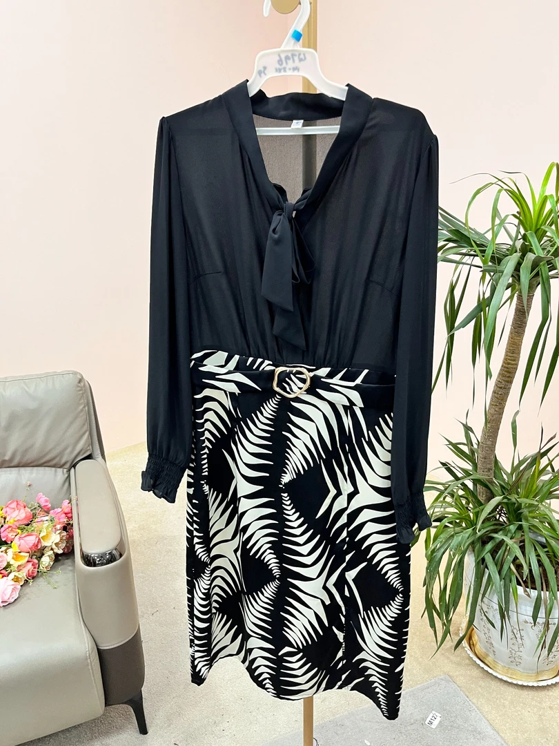 Q796 春季时尚优雅气质显瘦高腰长袖法式连衣裙印花D7